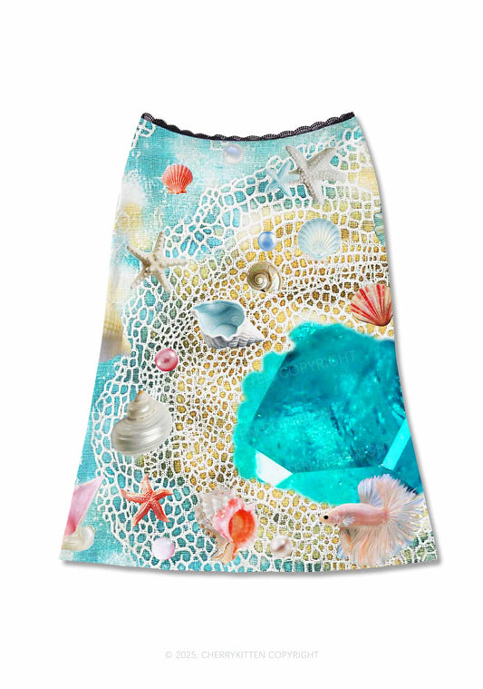 Seashell Fantasy Y2K Print Midi Skirt Cherrykitten