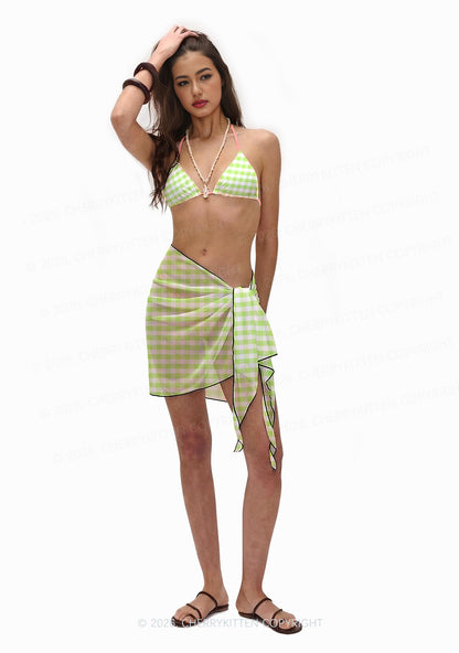 White Green Plaid Y2K Print Bikini Set Cherrykitten