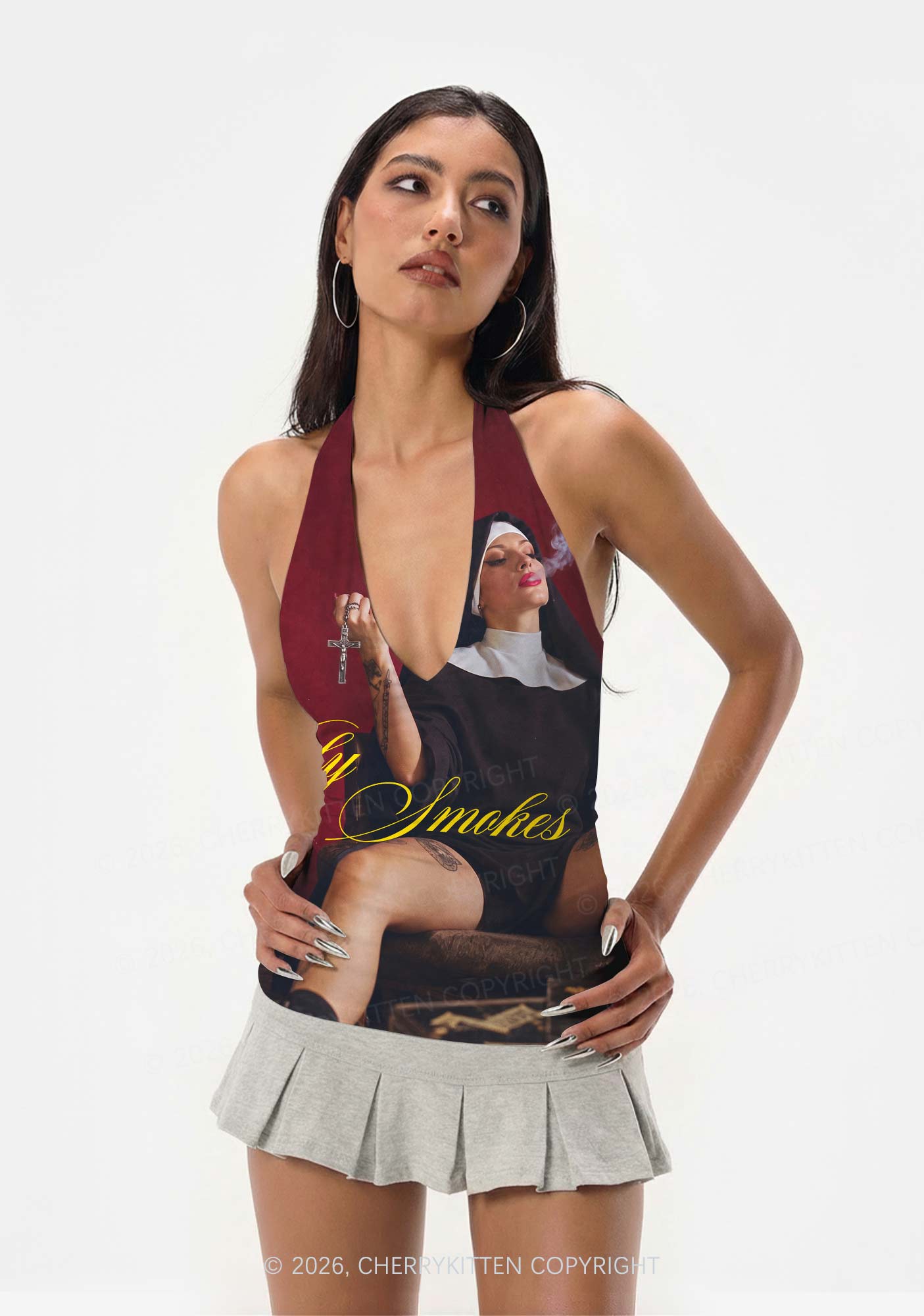 Holy Smokes Nun Y2K Print Halter Deep V Neck Cami Cherrykitten