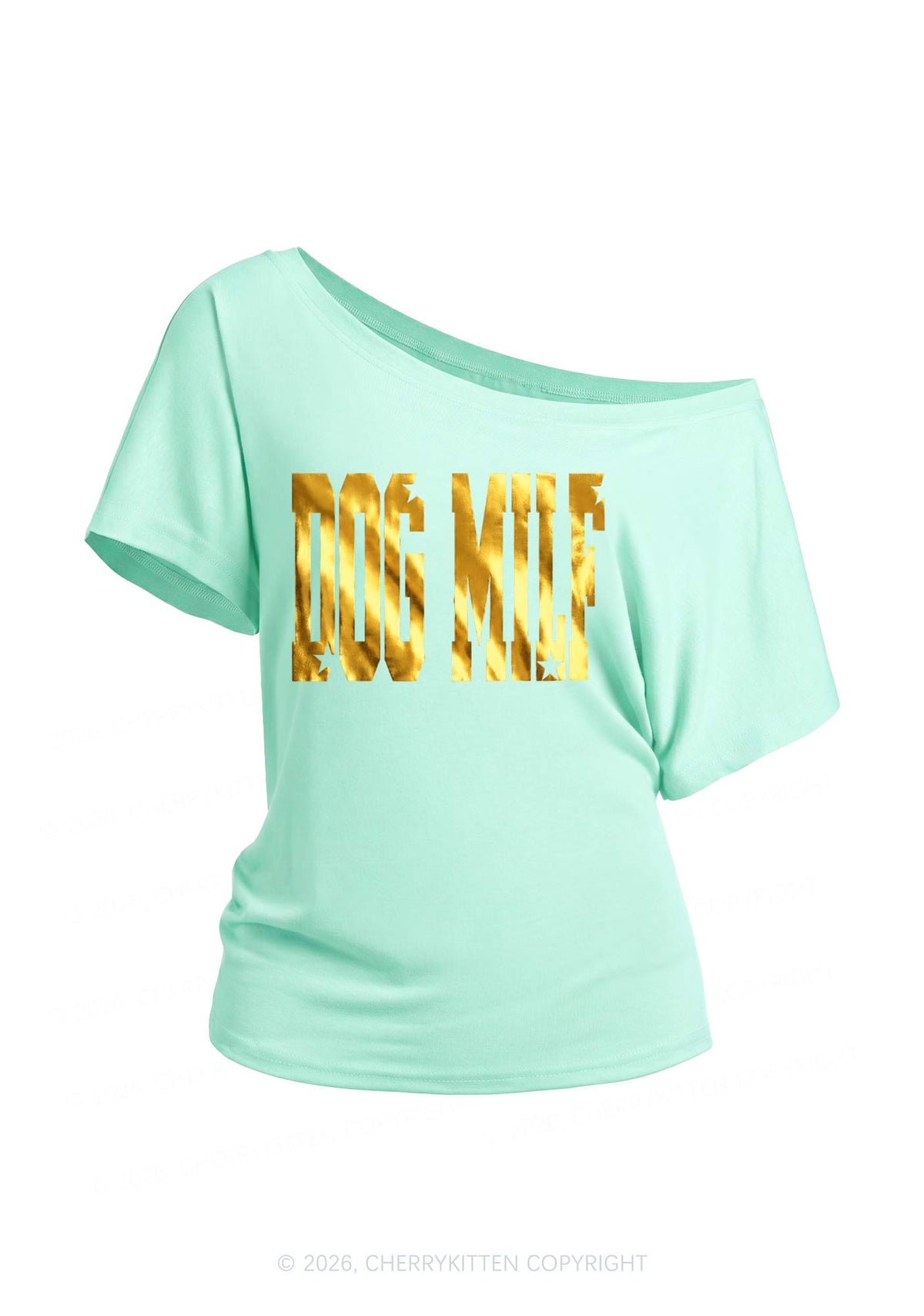 Dog Mxxf Silver Foil Printed Y2K Off Shoulder Tee Cherrykitten