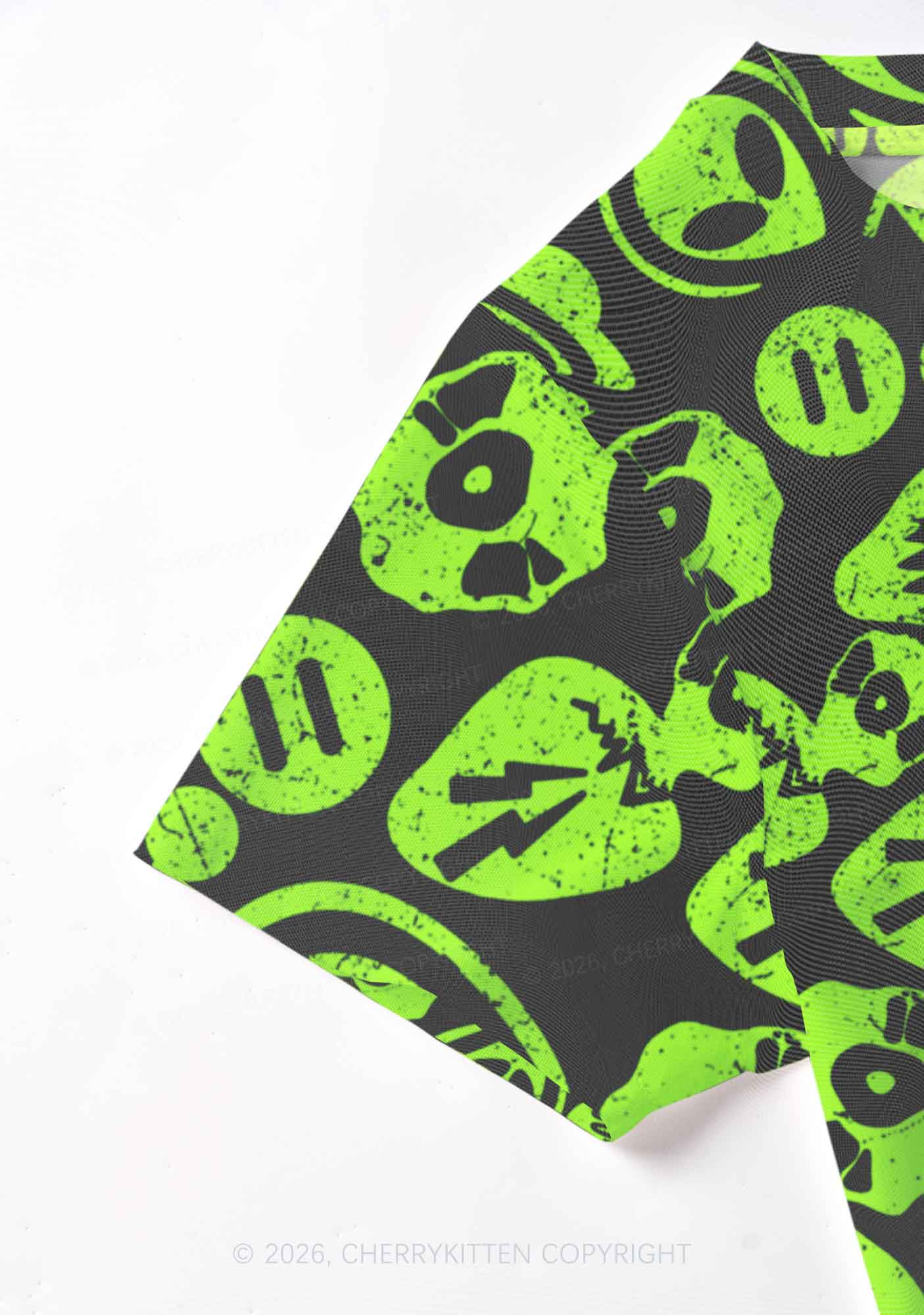 Green Alien Doodle Y2K Mesh Crop Top Cherrykitten