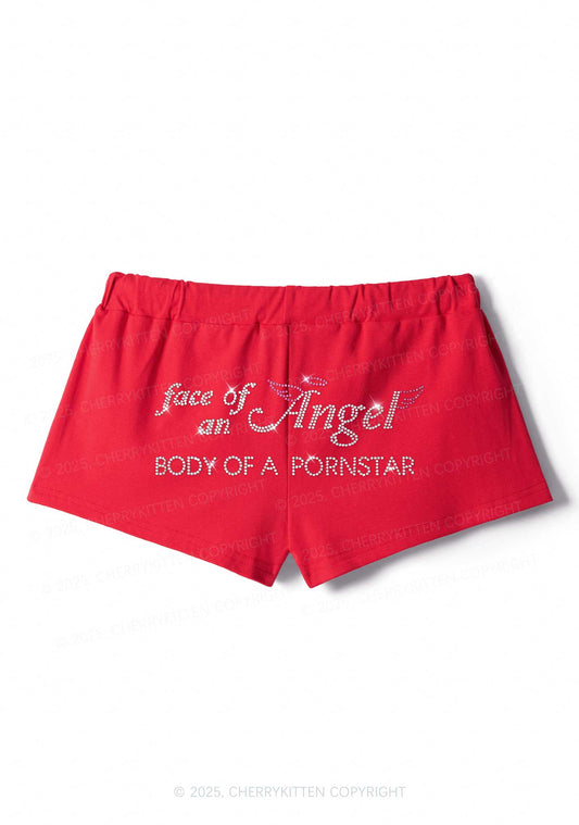 Rhinestone Face Of An Angel Y2K Drawstring Mini Shorts Cherrykitten