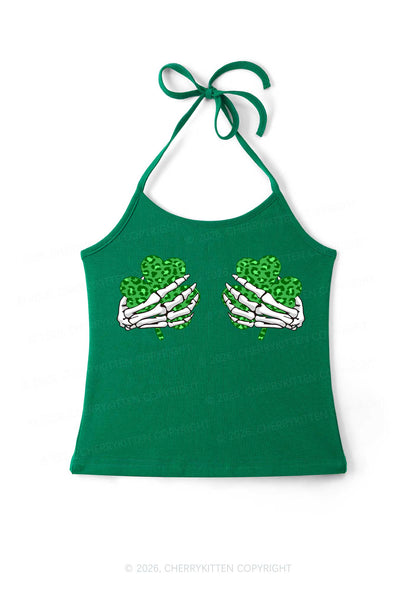 Skeleton Leopard Shamrock St Patricks Y2K Halter Neck Cami Cherrykitten
