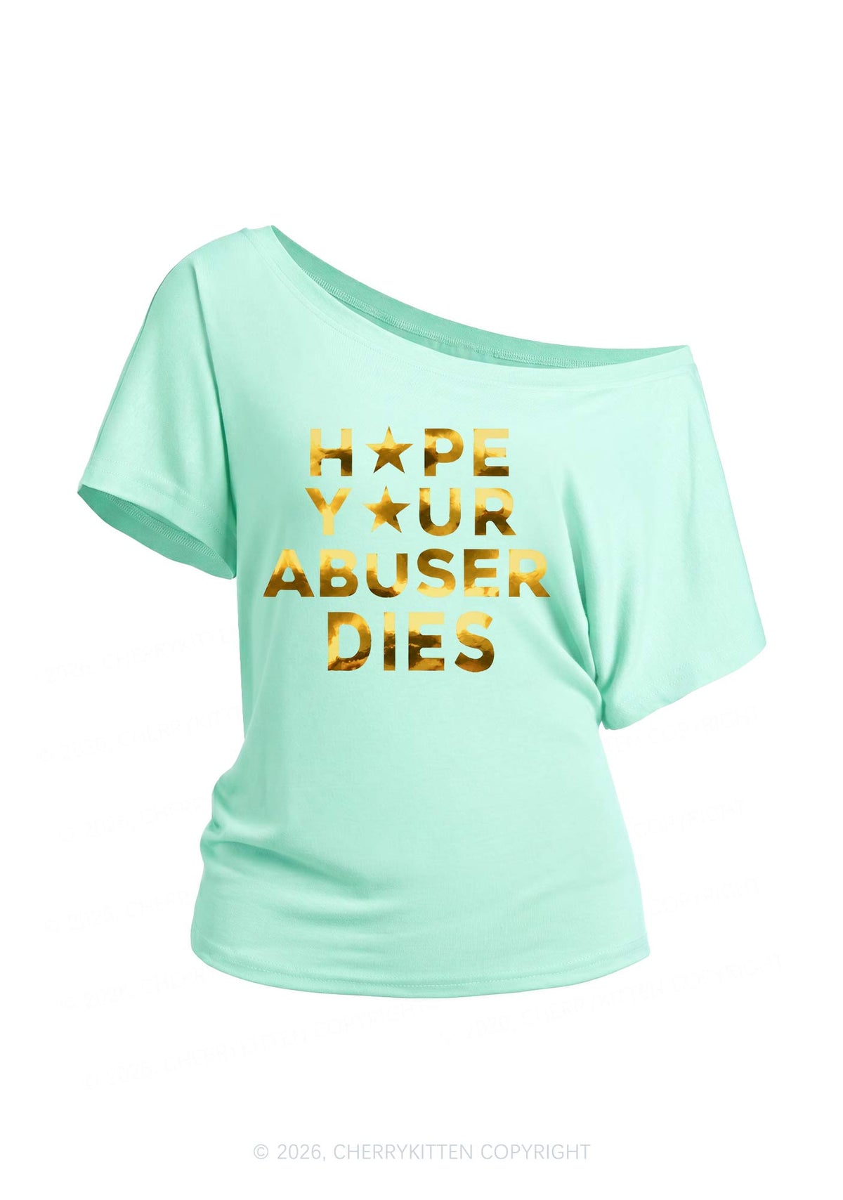 Abuser Dies Silver Foil Printed Y2K Off Shoulder Tee Cherrykitten