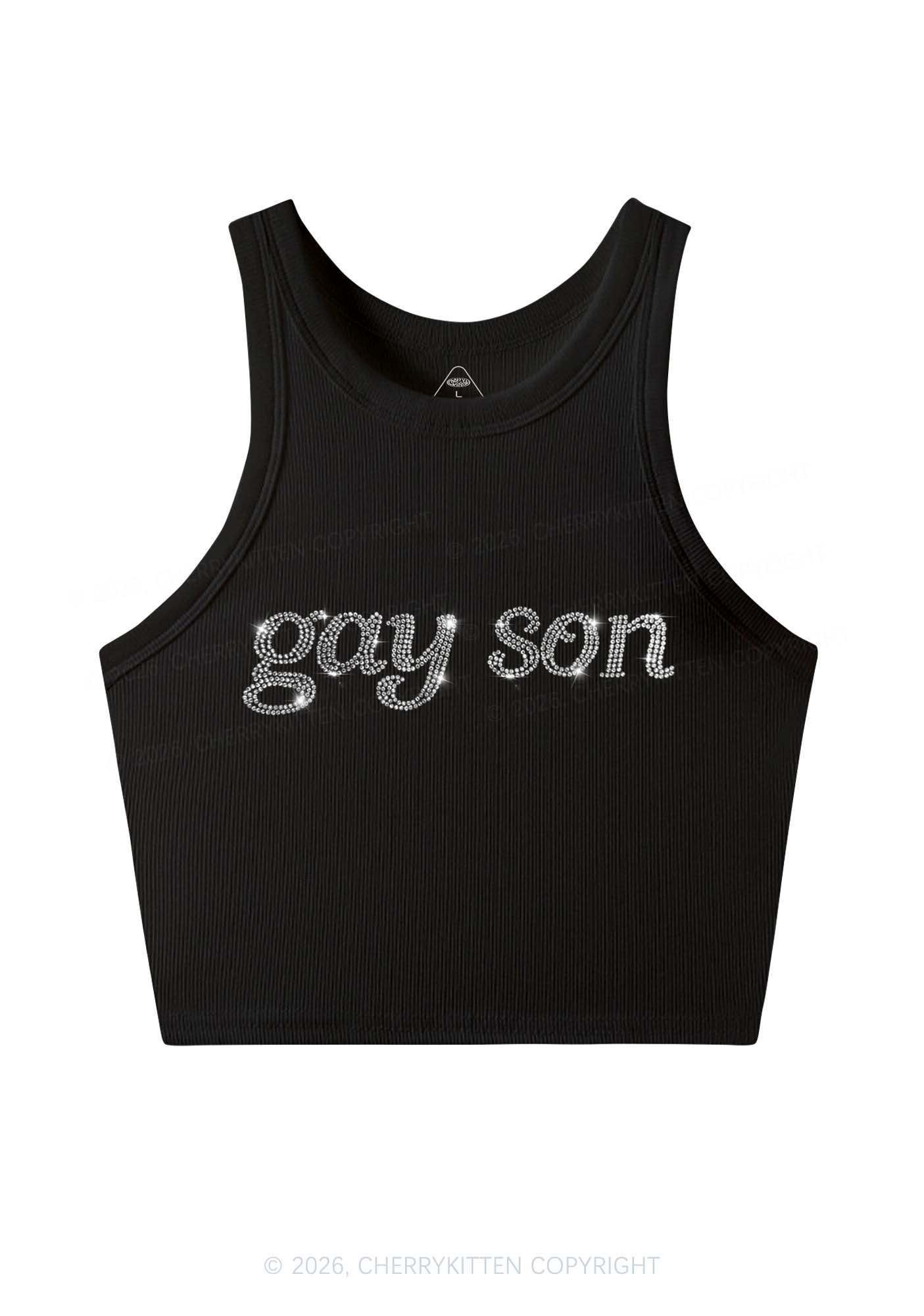 Rhinestone Gay Son Pride Y2K Crop Tank Top Cherrykitten