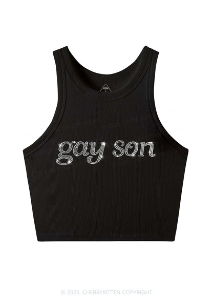 Rhinestone Gay Son Pride Y2K Crop Tank Top Cherrykitten