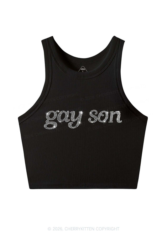 Rhinestone Gay Son Pride Y2K Crop Tank Top Cherrykitten