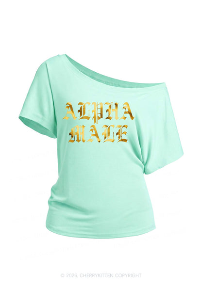 Alpha Male Silver Foil Printed Y2K Off Shoulder Tee Cherrykitten