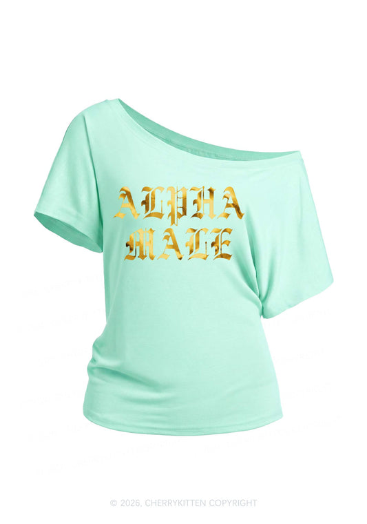 Alpha Male Silver Foil Printed Y2K Off Shoulder Tee Cherrykitten