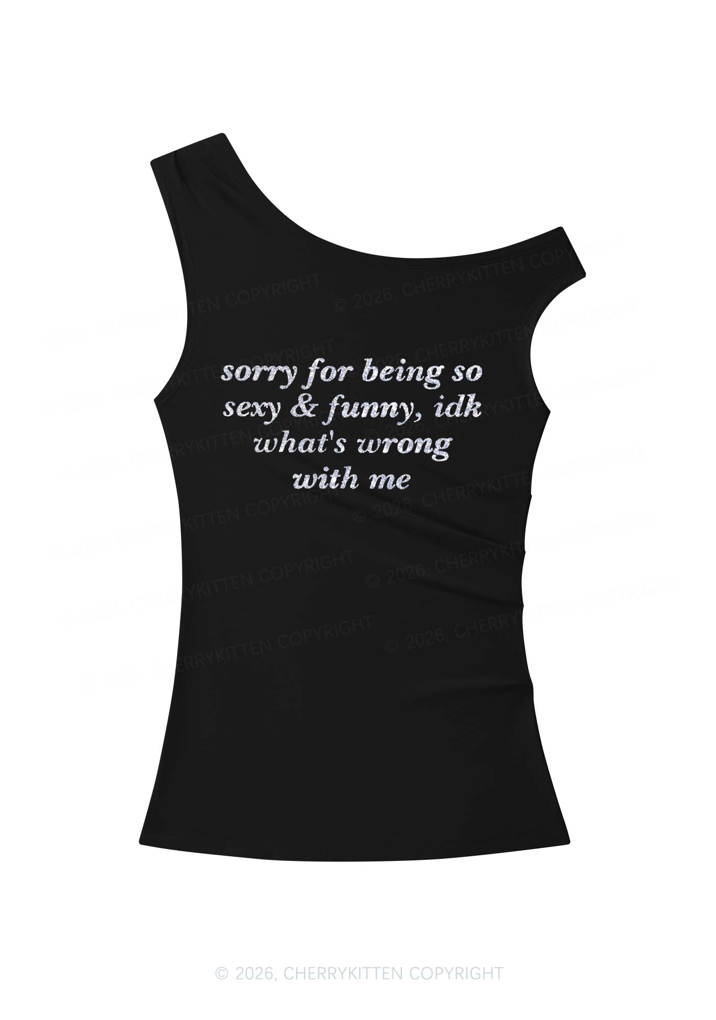 Glitter Sorry For Being So Funny Y2K Off Shoulder Tank Top Cherrykitten
