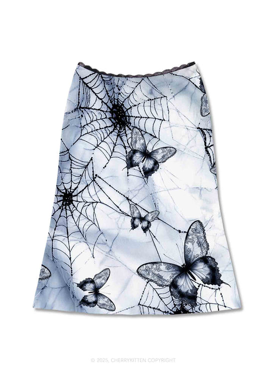 Web And Butterflies Y2K Print Midi Skirt Cherrykitten