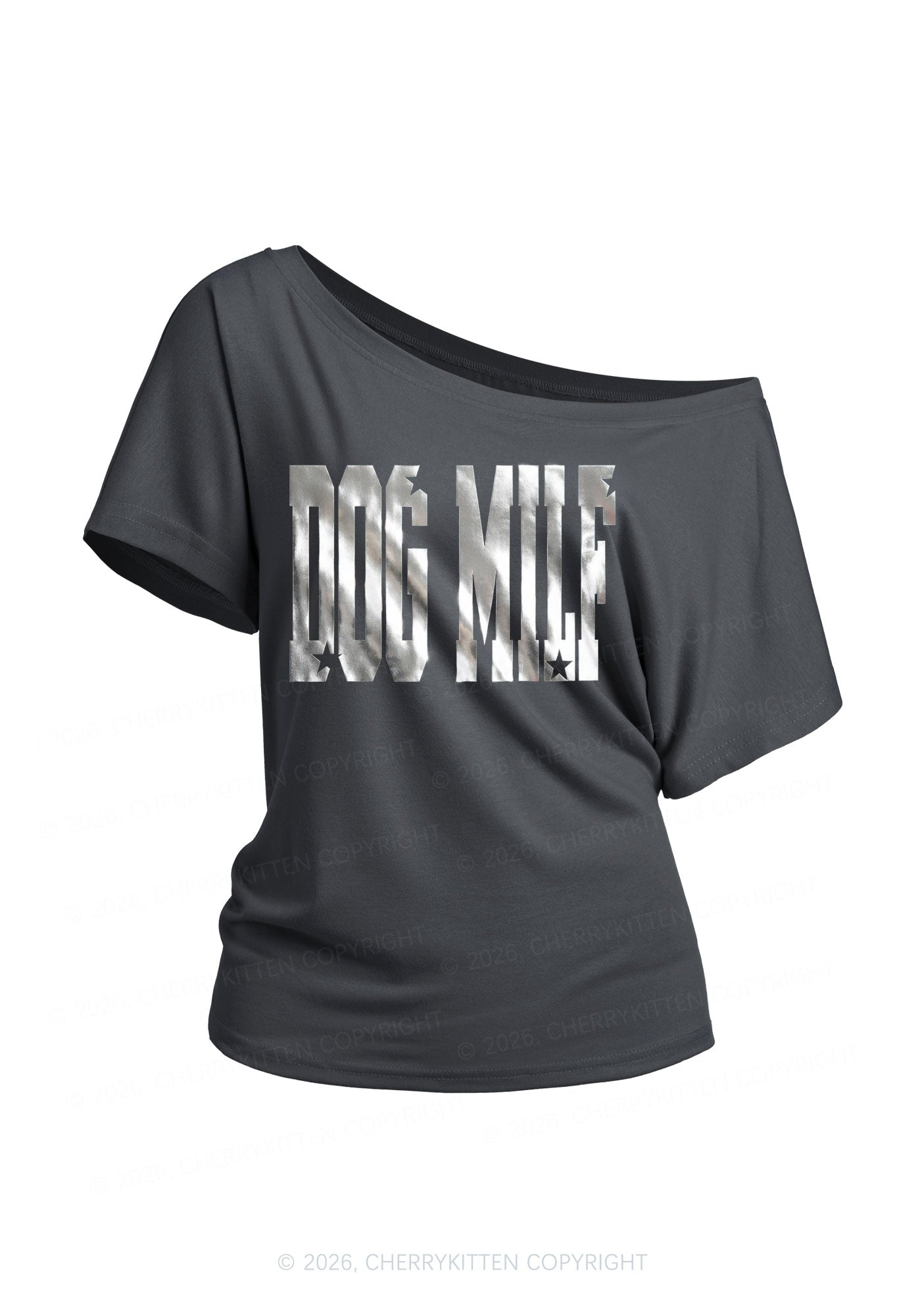 Dog Mxxf Silver Foil Printed Y2K Off Shoulder Tee Cherrykitten
