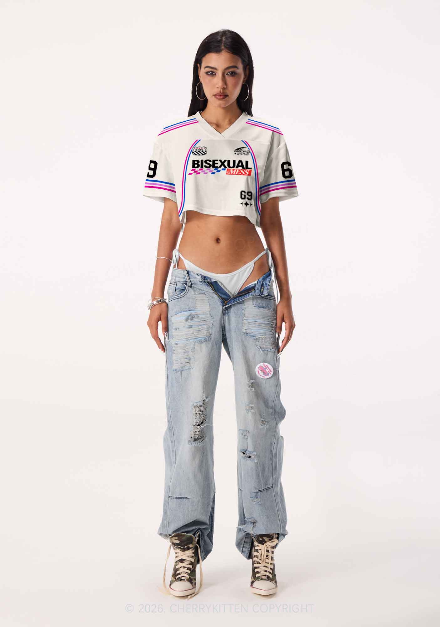 Creamy White Bisexual Mess Pride Y2K Crop Sport Jersey Shirts Cherrykitten
