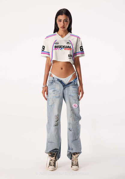 Creamy White Bisexual Mess Pride Y2K Crop Sport Jersey Shirts Cherrykitten