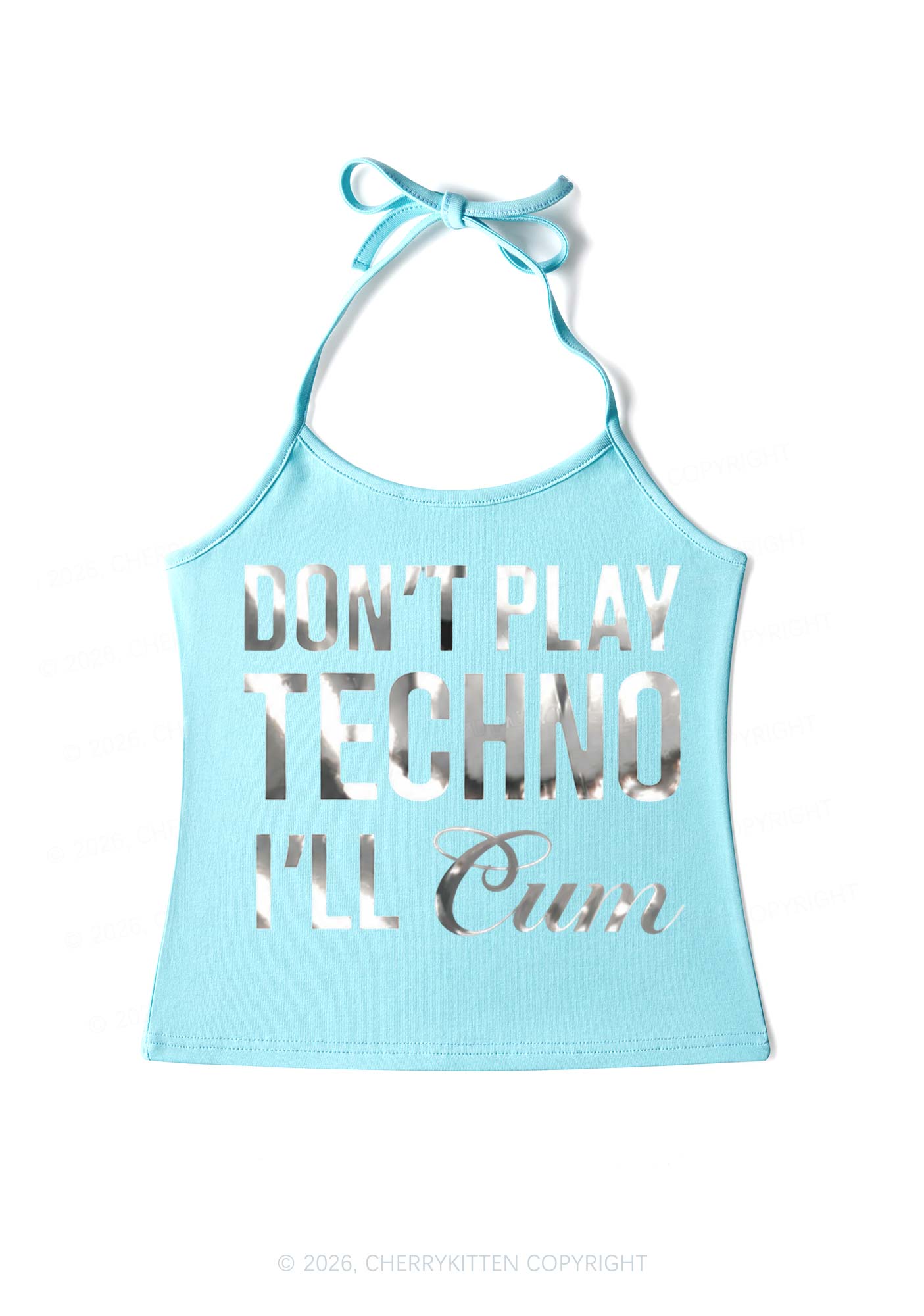 Dont Play Techno Silver Foil Printed Y2K Halter Neck Cami Cherrykitten