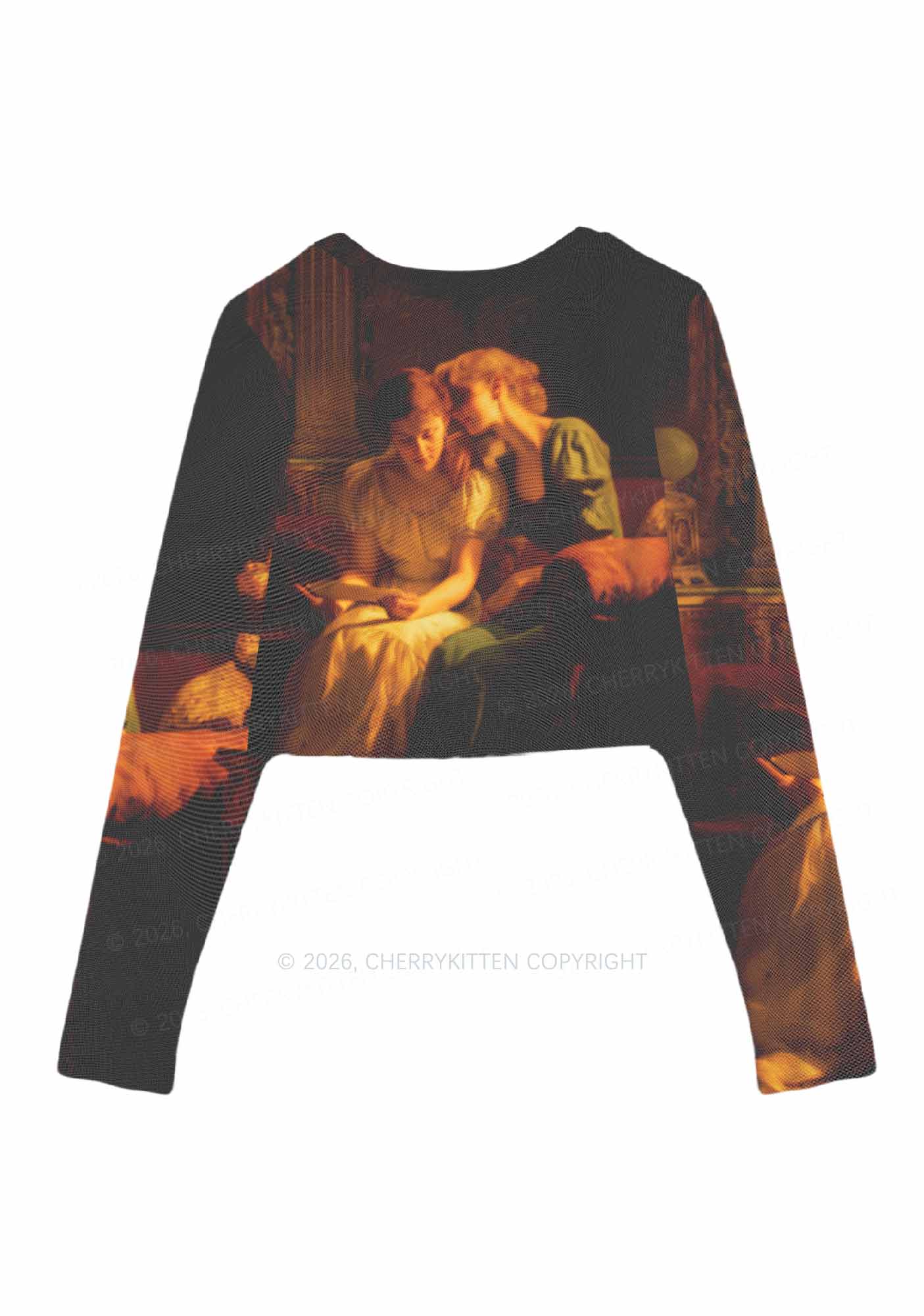 Two Women Reading Letter Pride Y2K Mesh Long Sleeve Crop Top Cherrykitten