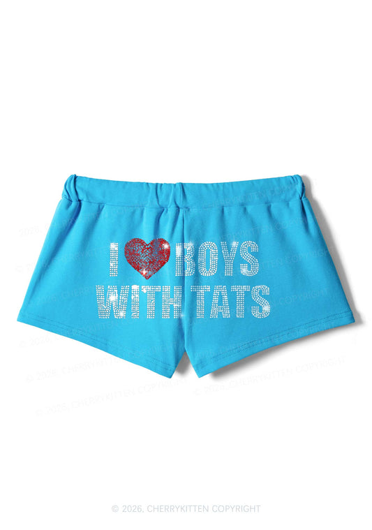 Rhinestone I Love Boys With Tats Y2K Drawstring Mini Shorts Cherrykitten