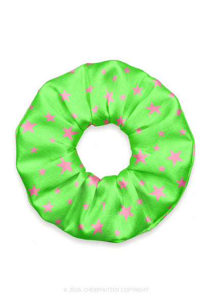 Pink Star On Green Y2K Hair Scrunchie Cherrykitten