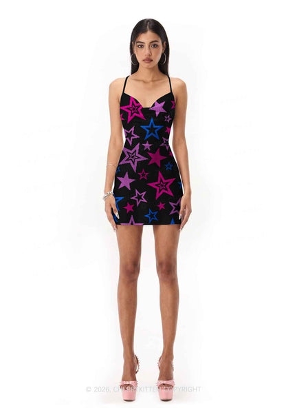 Bisexual Star Pride Y2K Print Satin Cowl Neck Slip Dress Cherrykitten