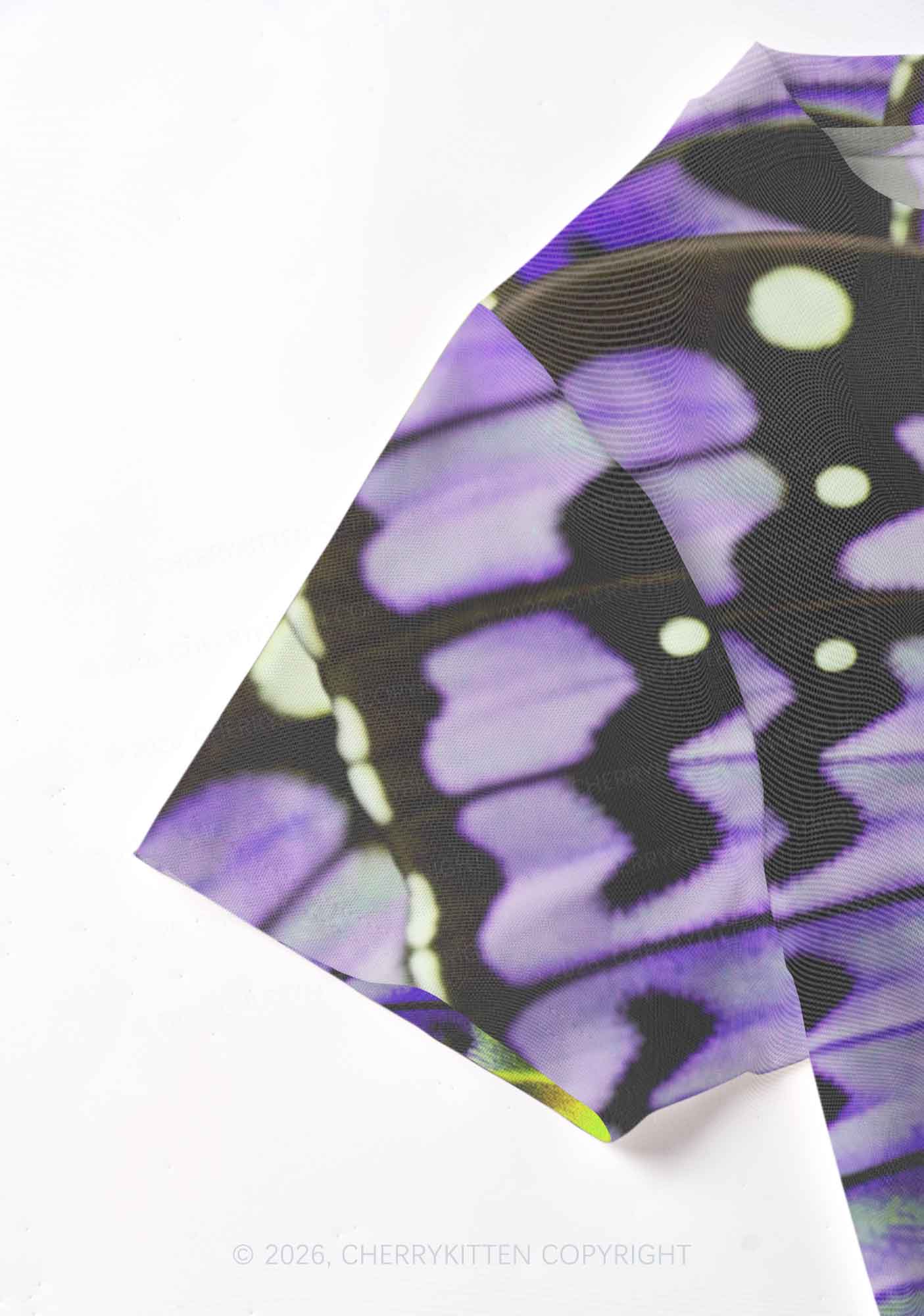 Purple Lime Butterfly Wing Y2K Mesh Crop Top Cherrykitten