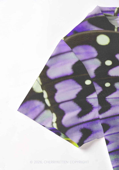 Purple Lime Butterfly Wing Y2K Mesh Crop Top Cherrykitten