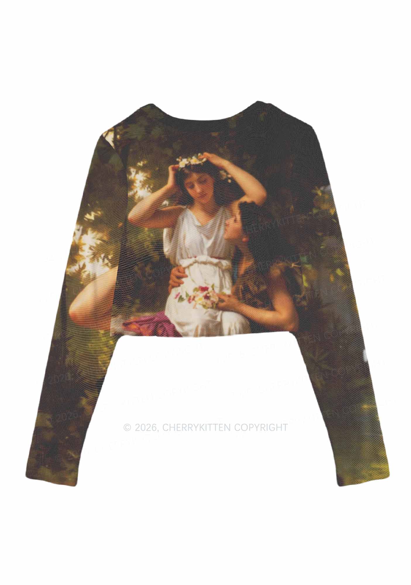 Forest Lovers Pride Y2K Mesh Long Sleeve Crop Top Cherrykitten