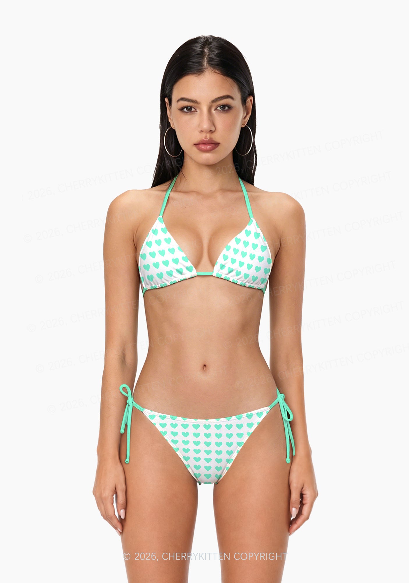 Mint Green Heart On White Y2K Print Bikini Set Cherrykitten