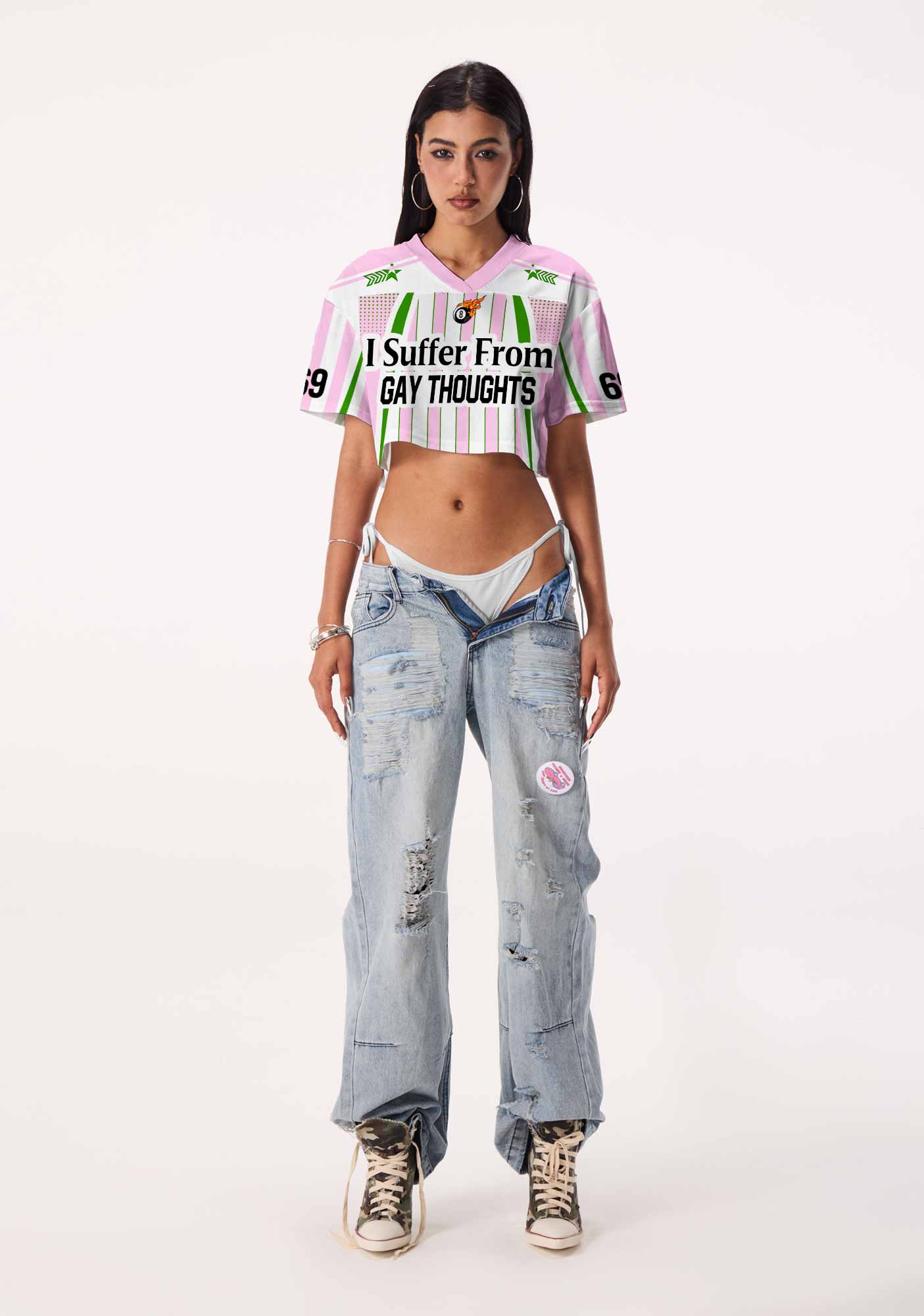 Pink Green Stripes Suffer From Gay Thoughts Pride Y2K Crop Sport Jersey Shirts Cherrykitten