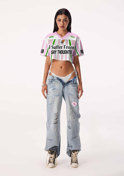Pink Green Stripes Suffer From Gay Thoughts Pride Y2K Crop Sport Jersey Shirts Cherrykitten