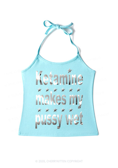 K Makes My Puxxy Wet Silver Foil Printed Y2K Halter Neck Cami Cherrykitten