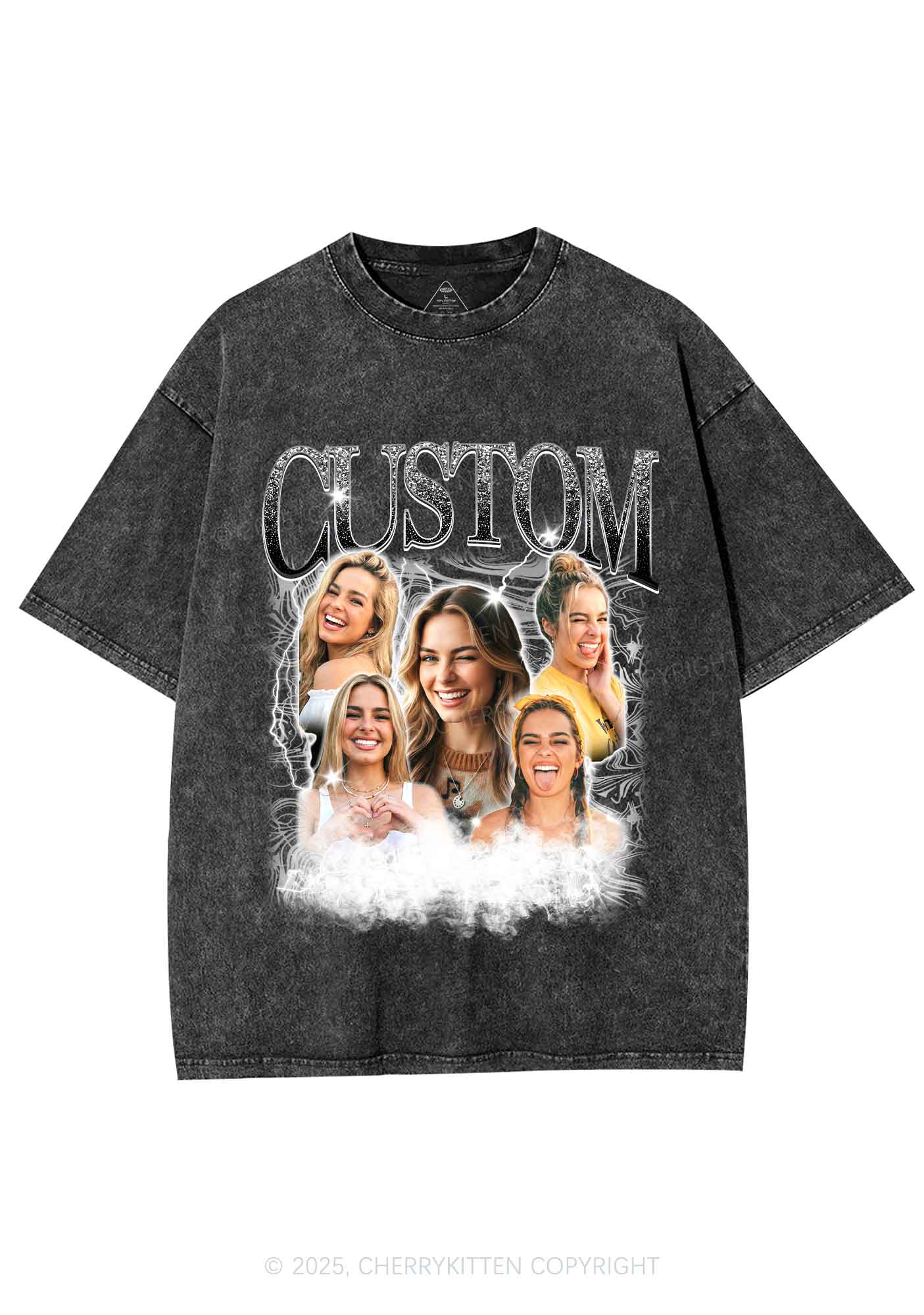 Custom Portrait Glitter Text Y2K Shirts Washed Tee Cherrykitten