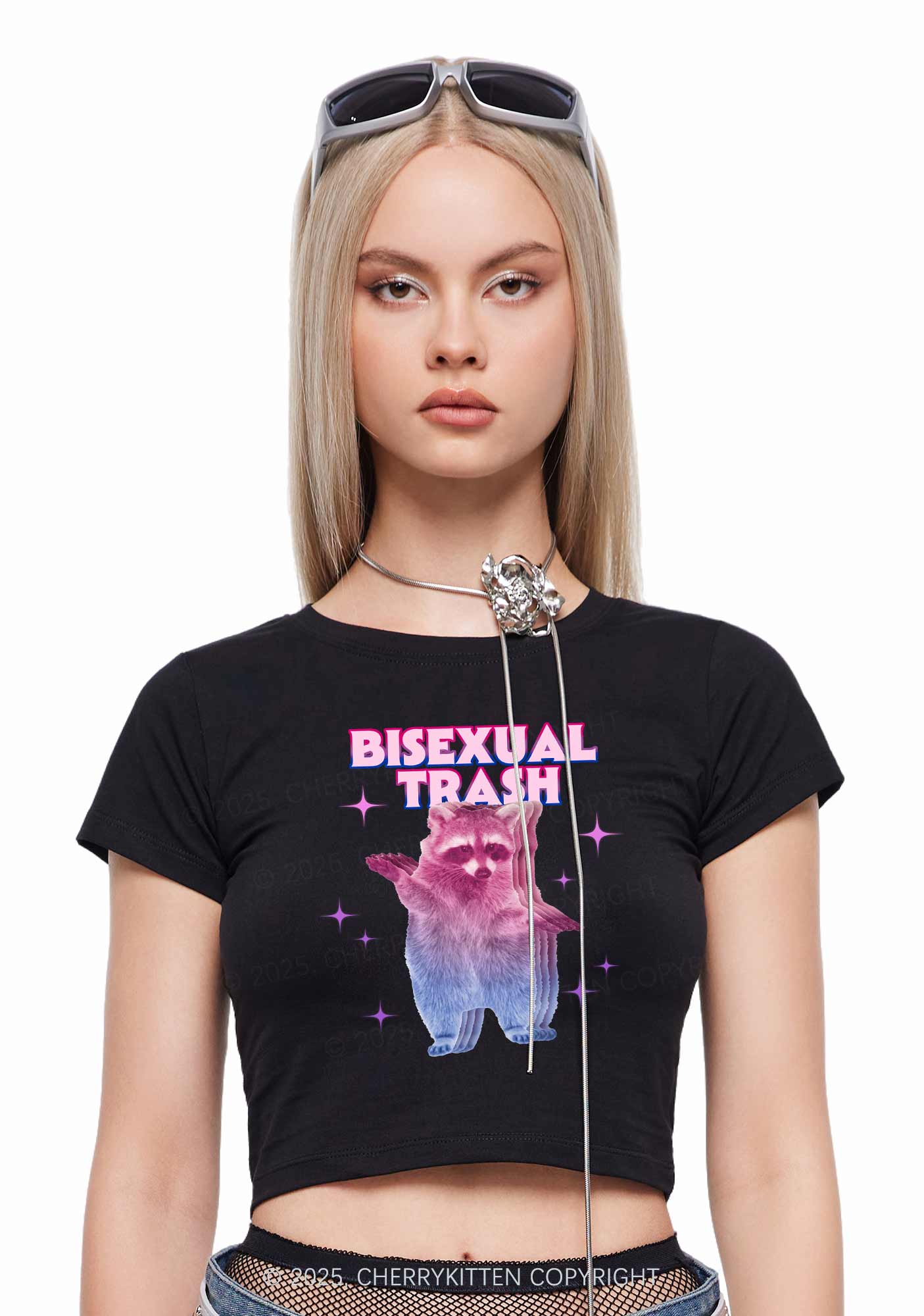 Bisexual Trash Raccoon Pride Y2K Baby Tee Cherrykitten