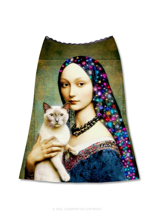 Renaissance Lady With Cat Y2K Print Midi Skirt Cherrykitten