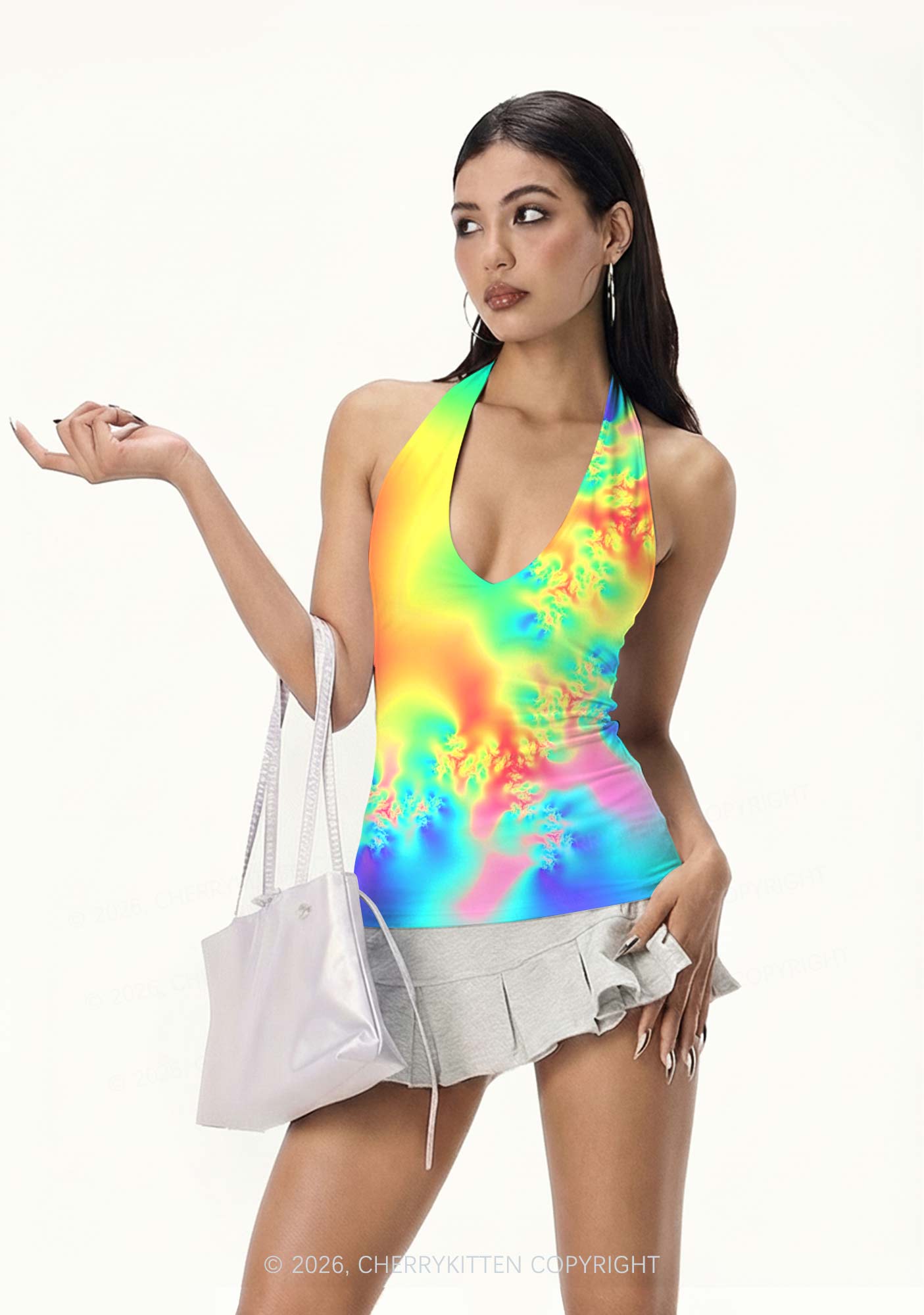 Rainbow Thermal Pride Y2K Print Halter Deep V Neck Cami Cherrykitten