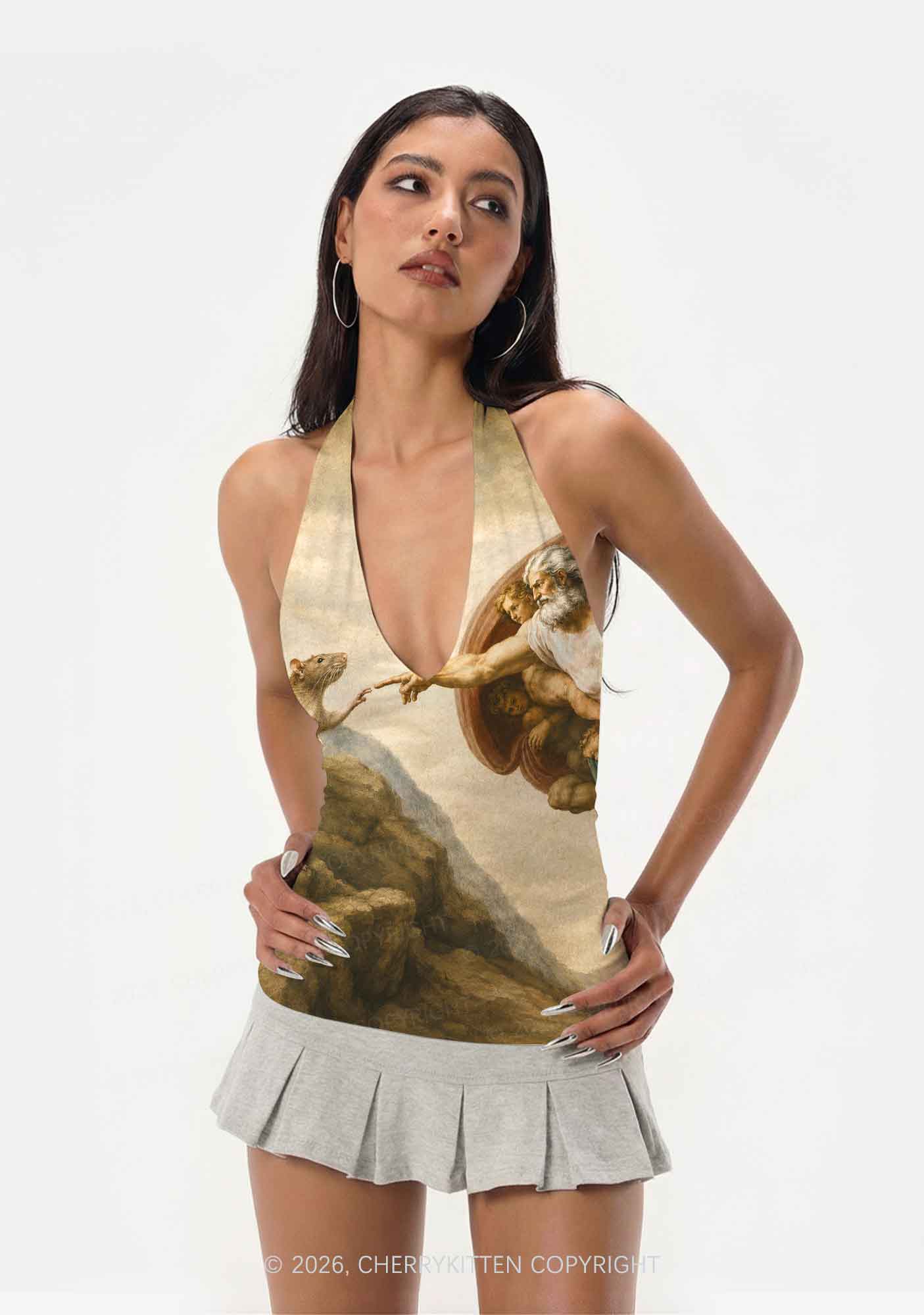 God Hand Touching Rat Y2K Print Halter Deep V Neck Cami Cherrykitten