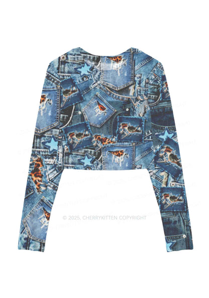 Denim Patchwork Y2K Mesh Long Sleeve Crop Top Cherrykitten
