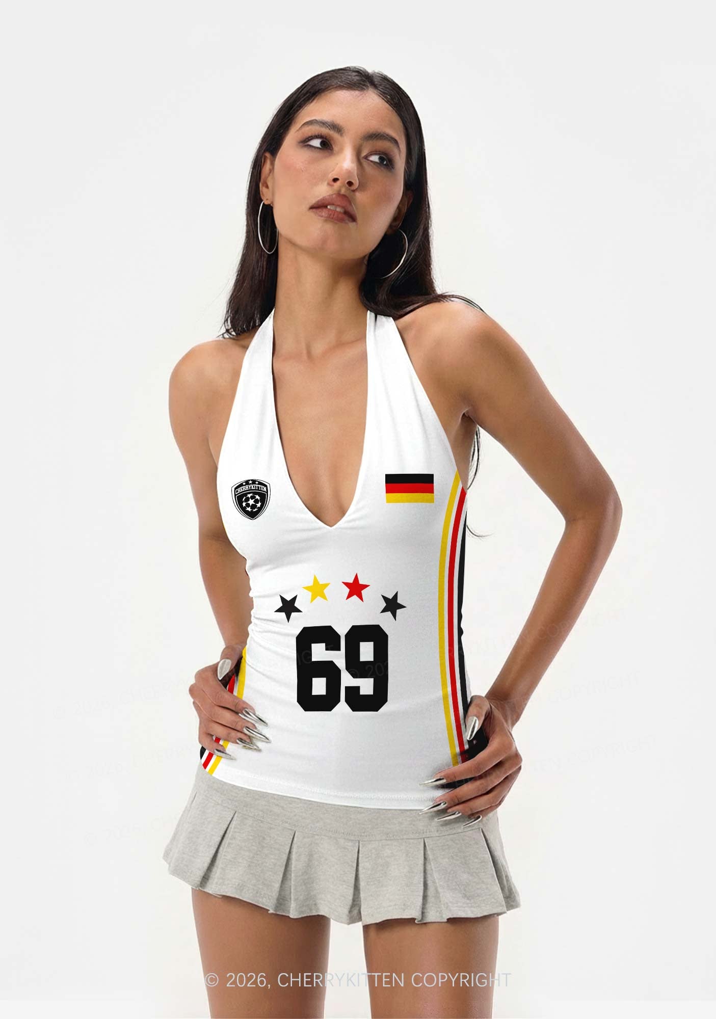 Black Red Yellow Stripe Star Y2K Print Halter Deep V Neck Cami Cherrykitten