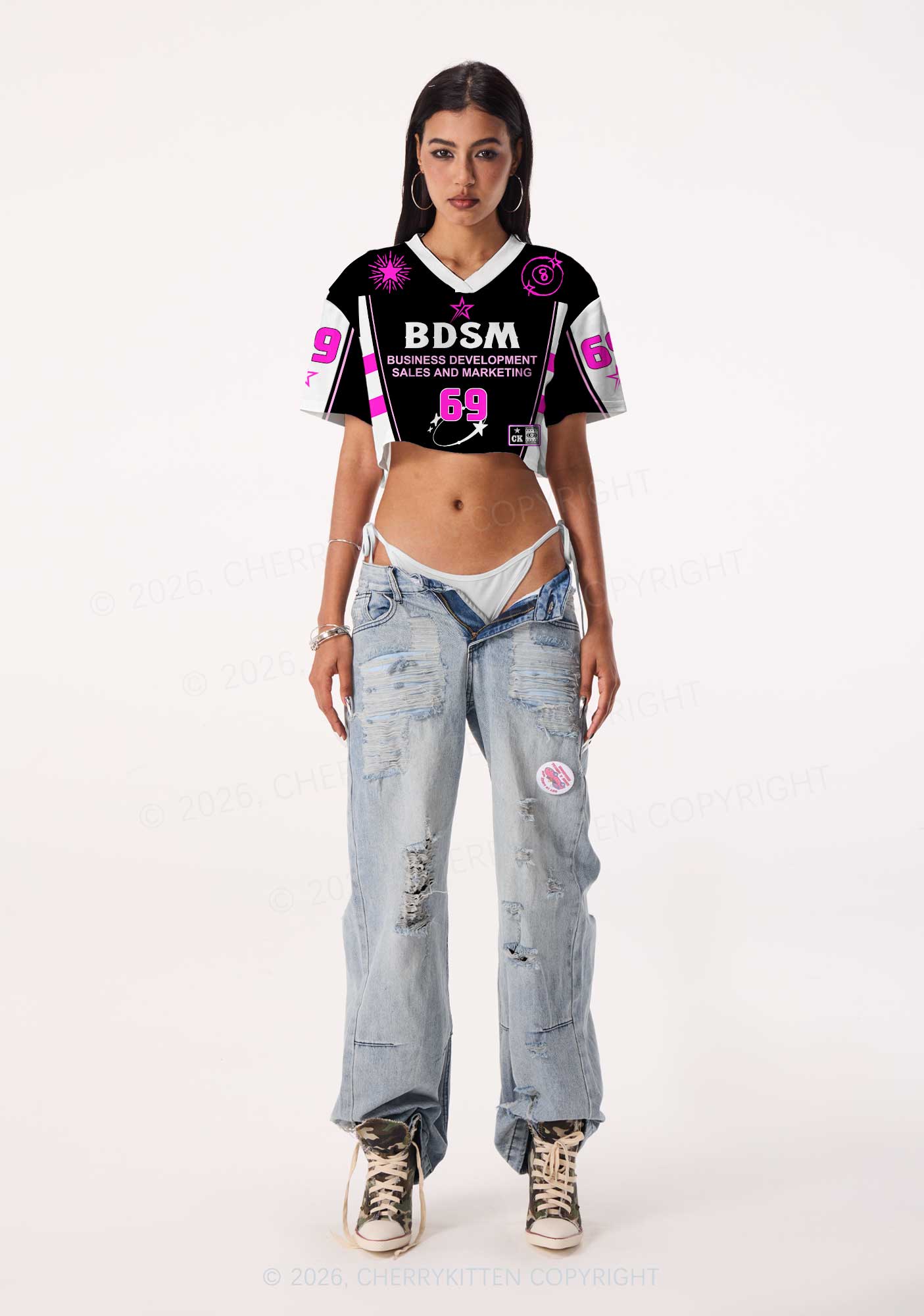 Black BDSM Y2K Crop Sport Jersey Shirts Cherrykitten