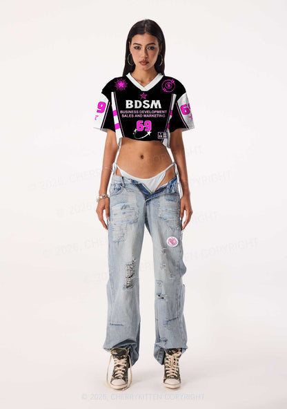 Black BDSM Y2K Crop Sport Jersey Shirts Cherrykitten