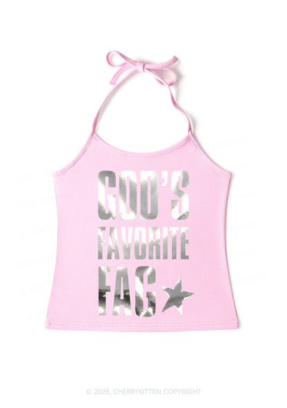 Gods Favorite Fag Pride Silver Foil Printed Y2K Halter Neck Cami Cherrykitten