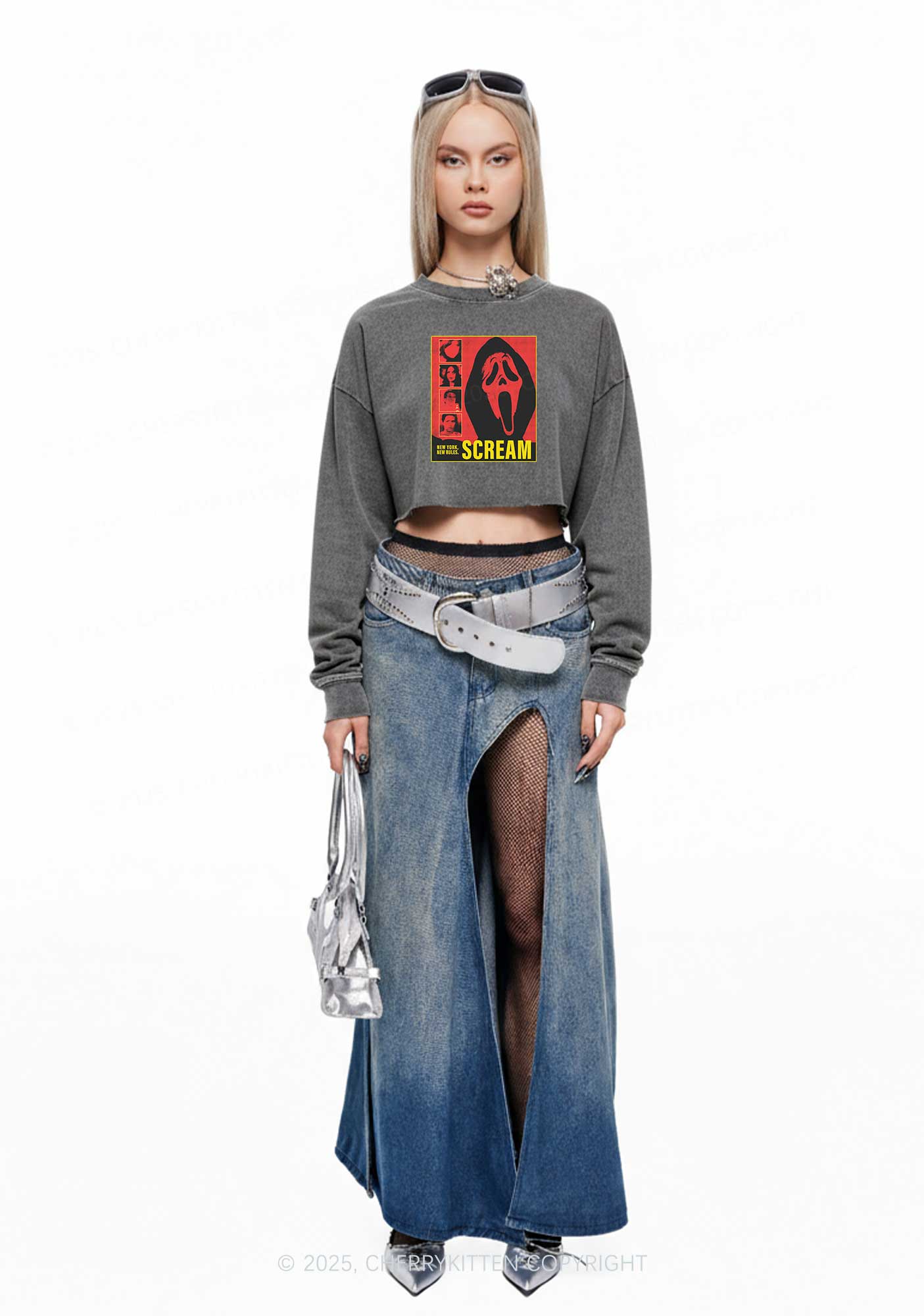 Halloween Scream New York Y2K Crop Washed Sweatshirts Cherrykitten
