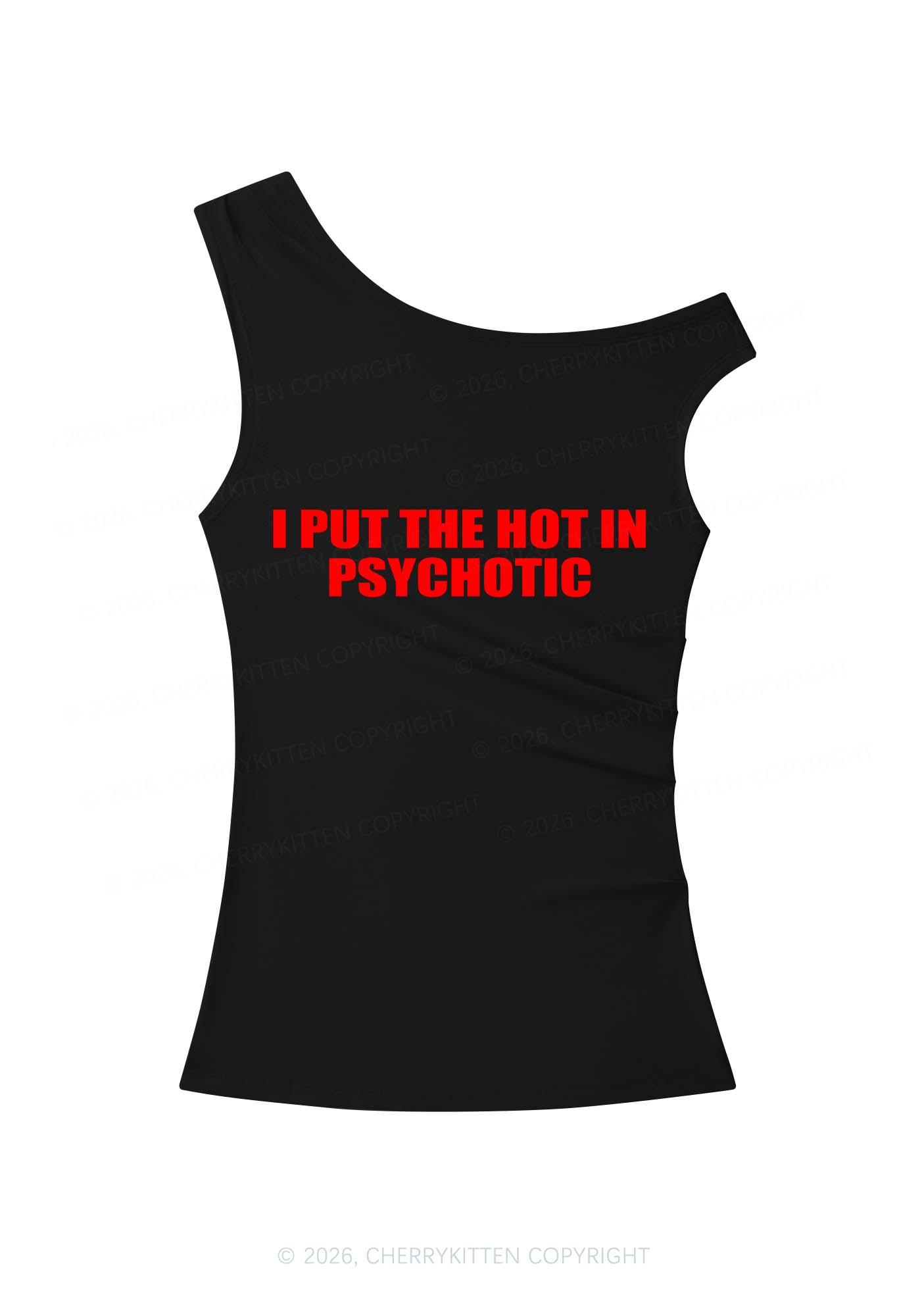 I Put The Hot In Psychotic Y2K Off Shoulder Tank Top Cherrykitten