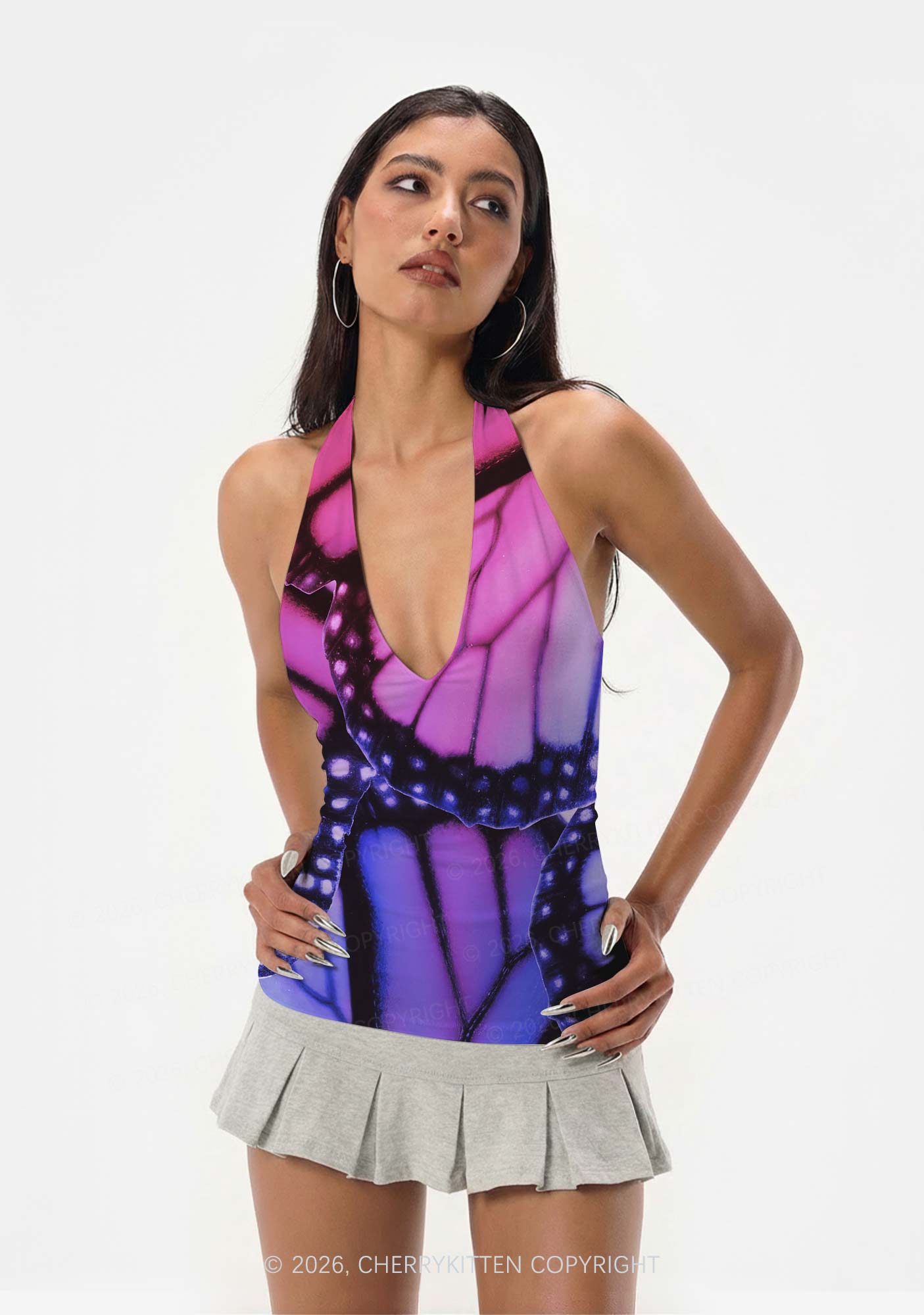Bisexual Butterfly Wing Pride Y2K Print Halter Deep V Neck Cami Cherrykitten