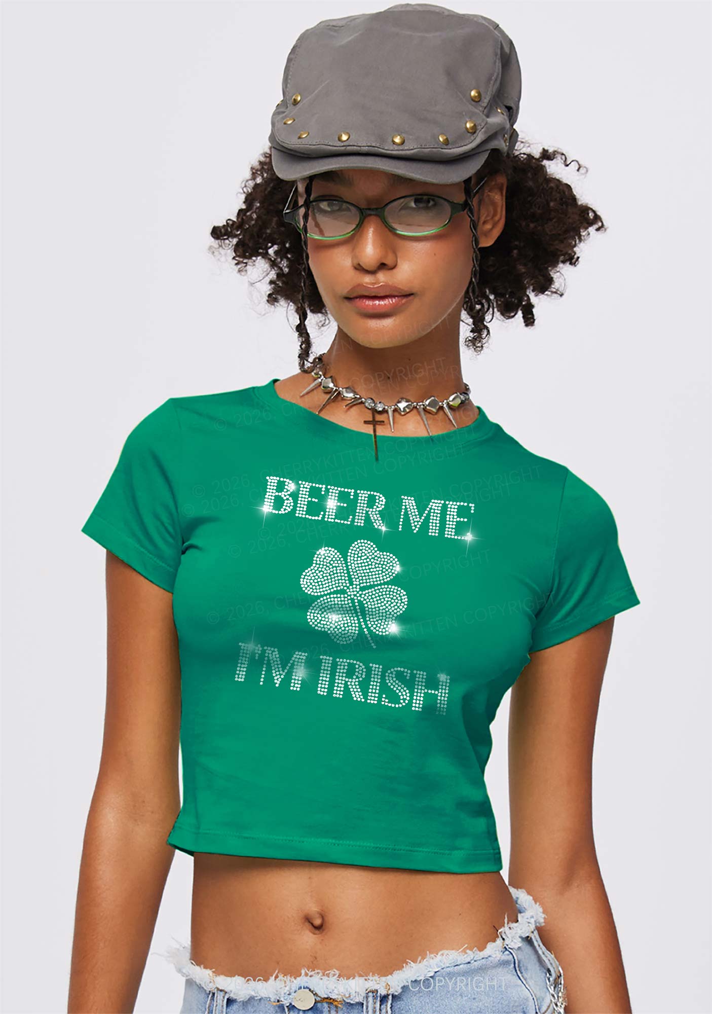 Rhinestone Beer Me Im Irish St Patricks Y2K Baby Tee Cherrykitten