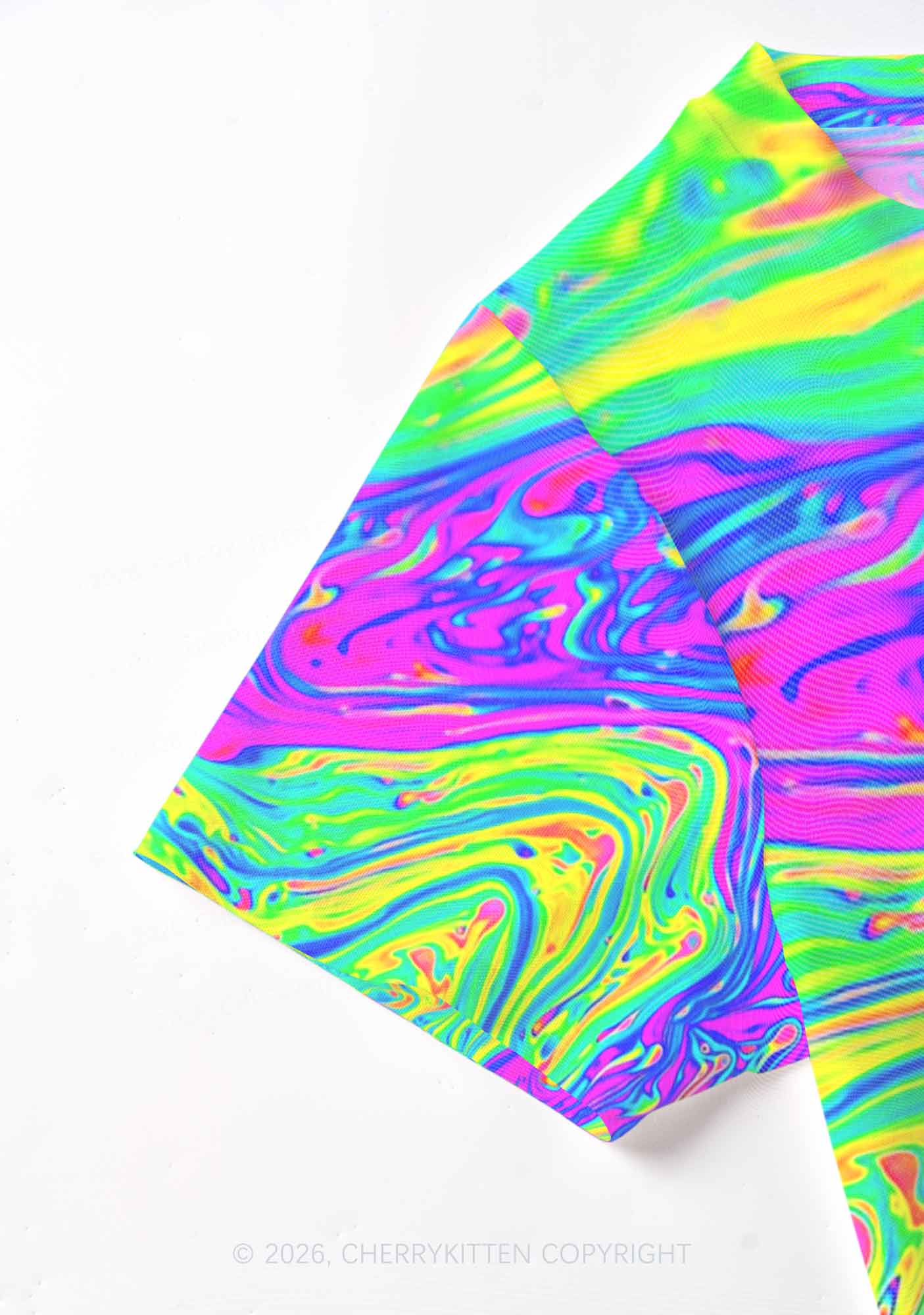Rainbow Fluid Swirl Y2K Mesh Crop Top Cherrykitten