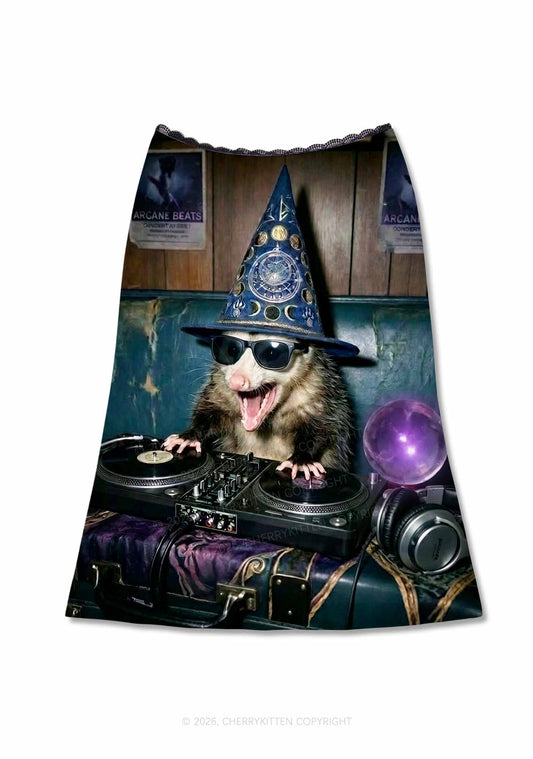Wizard Opossum DJ Y2K Print Midi Skirt Cherrykitten