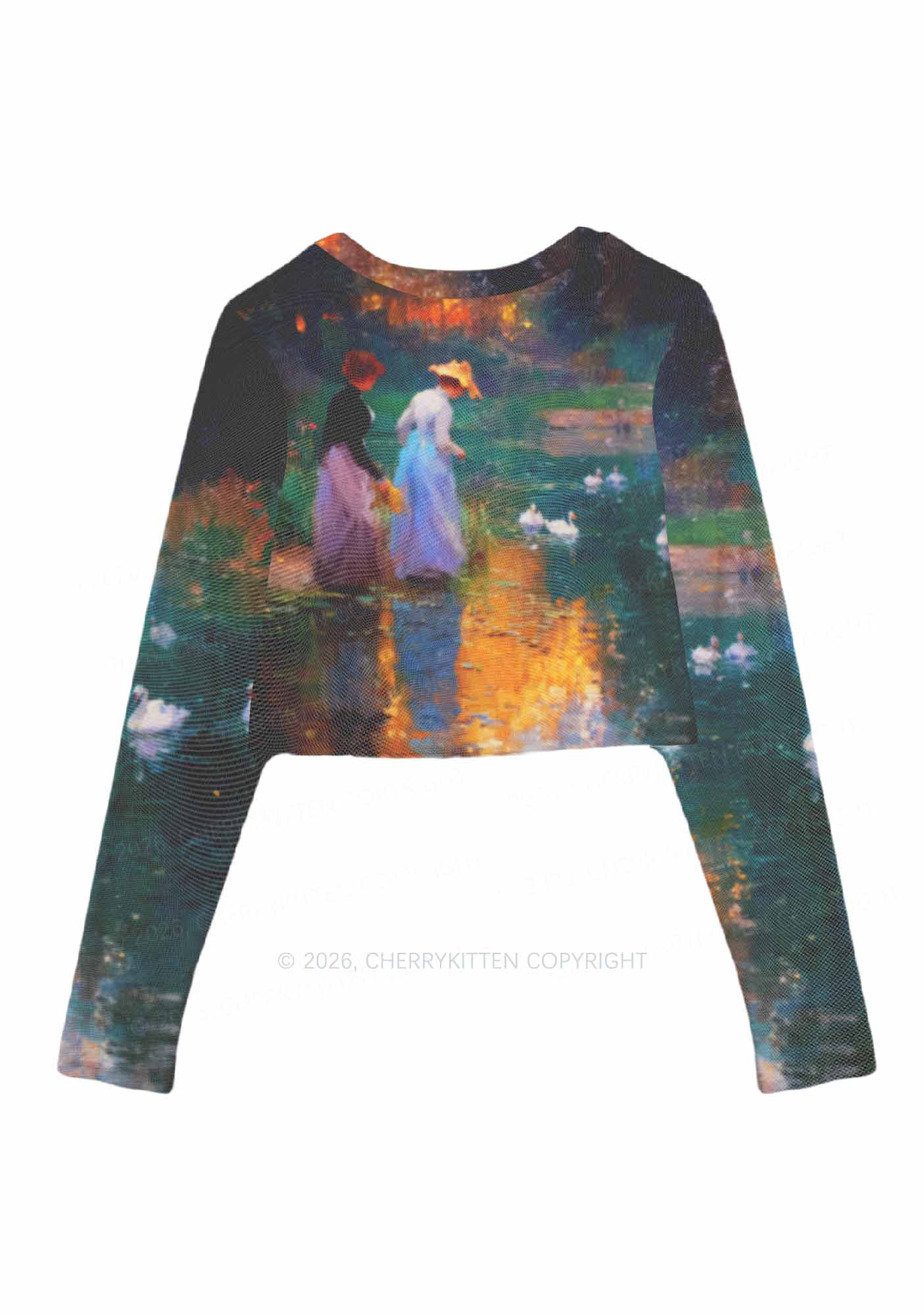 Sunset Pond Swans Pride Y2K Mesh Long Sleeve Crop Top Cherrykitten