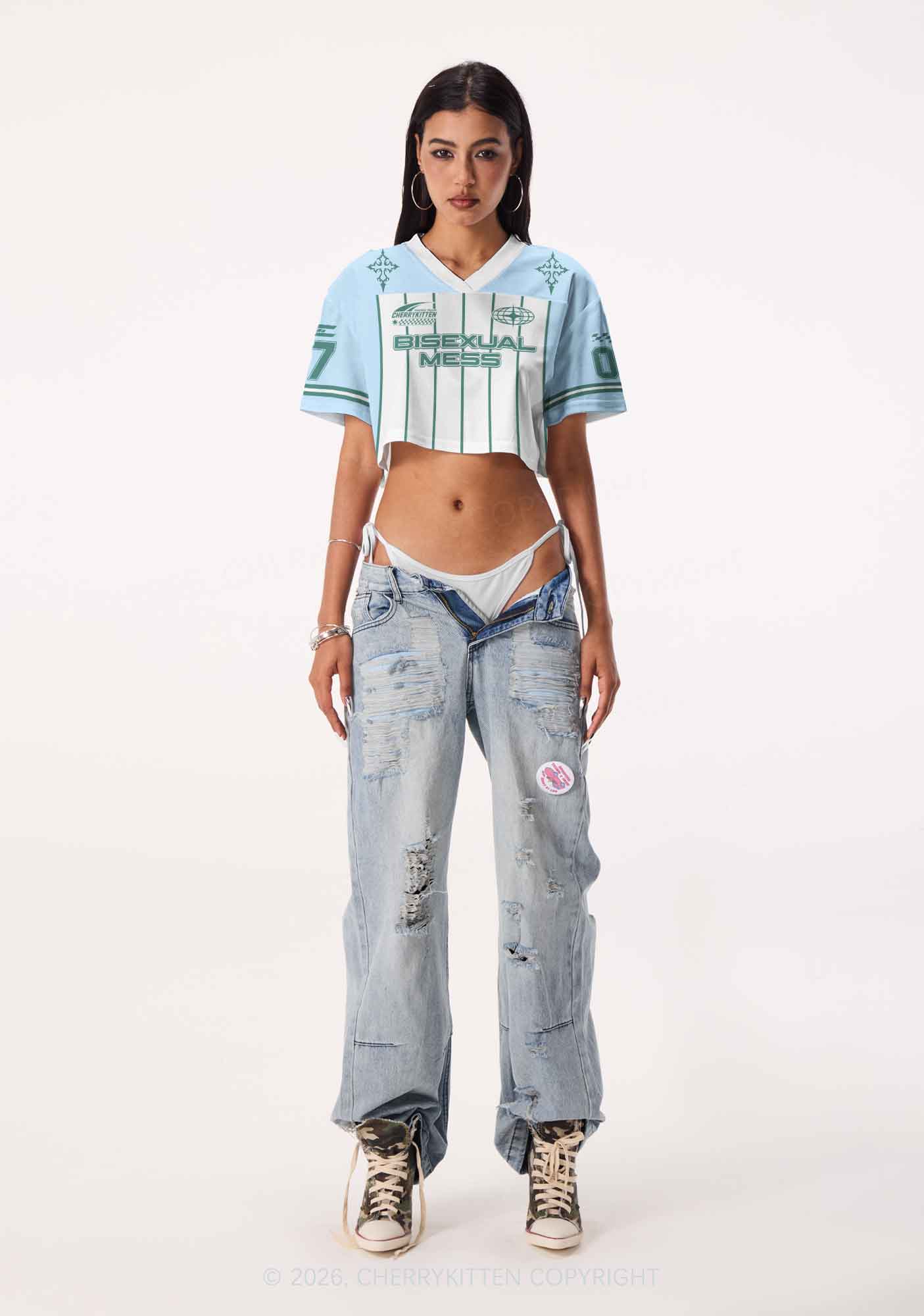 Green Stripes Bisexual Mess Pride Y2K Crop Sport Jersey Shirts Cherrykitten
