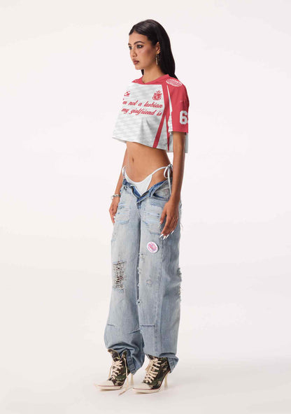 Im Not A Lesbian But My GF Is Pride Y2K Crop Sport Jersey Shirts Cherrykitten
