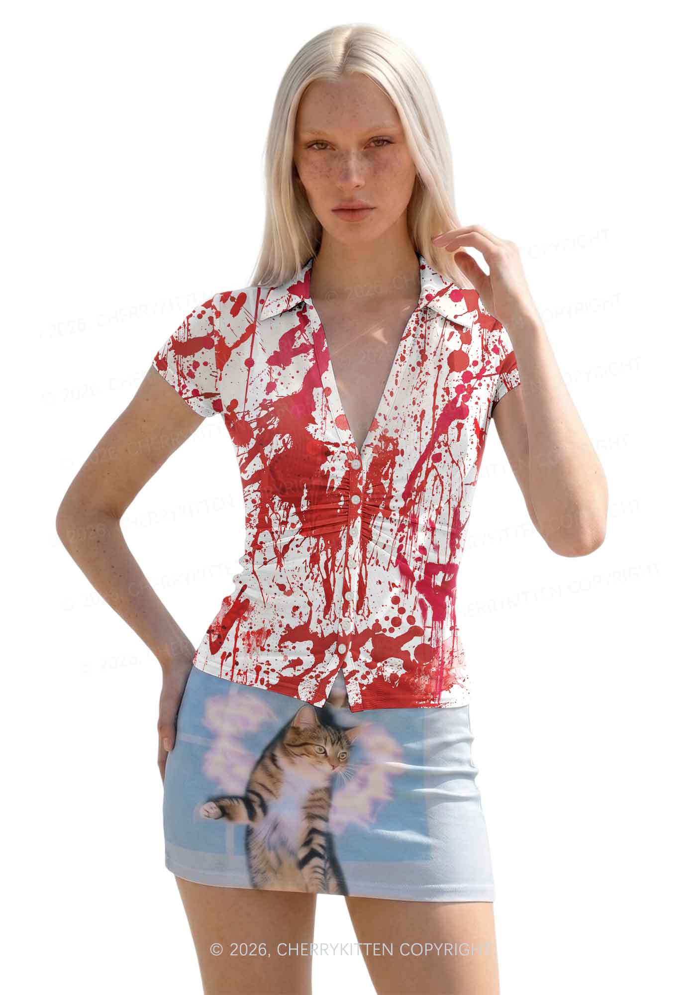 Halloween Red Blood On White Y2K Mesh Ruched  Waist  V Neck Top Cherrykitten